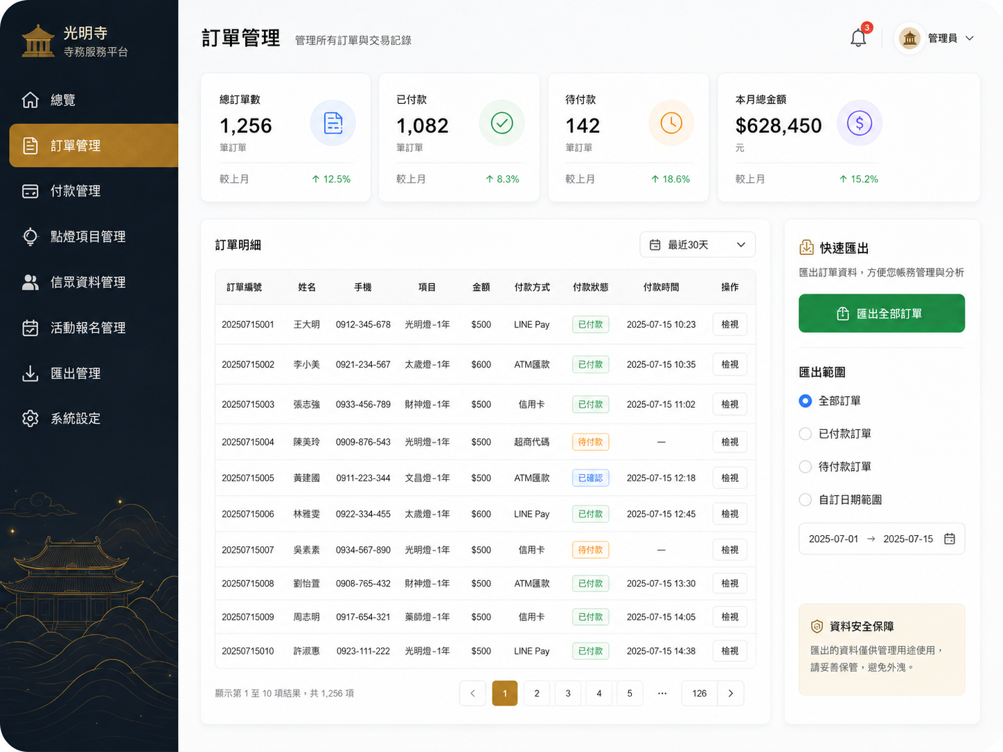 宮廟後台管理、名冊查詢與 Excel 匯出畫面